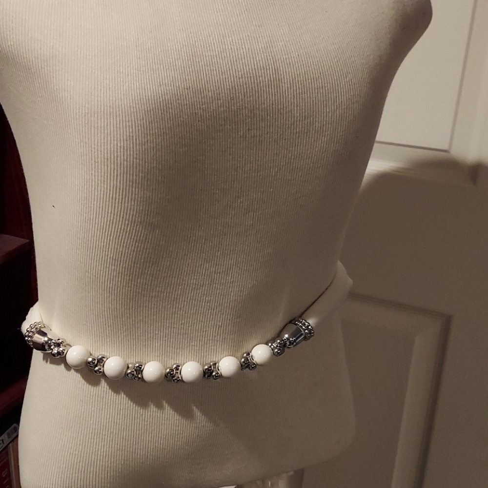 White fabric rope tie belt tassel fringe bead‎